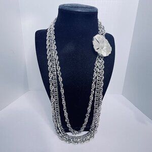 TAN Silver Tone Chunky Triple Strand Necklace With Flower Hook Clasp (5635)